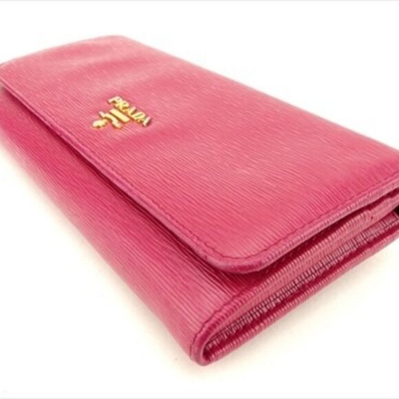Prada Long Wallet Logo Pink Gold leather Woman Authentic Used F1428 - Picture 3 of 9